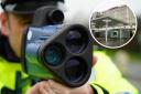 A police officer with a speed gun and, inset, Mold Law Courts