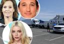 Lorries at West Shore in Llandudno with inset photos of Sigourney Weaver, Anya Taylor-Joy and Miles Teller.