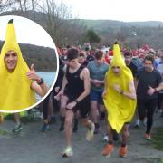 The race gets underway. Inset: Banana-man celebrates victory. Photos: Don Hale