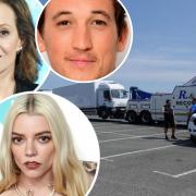Lorries at West Shore in Llandudno with inset photos of Sigourney Weaver, Anya Taylor-Joy and Miles Teller.