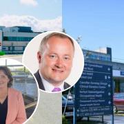Inset Janet Finch-Saunders and Darren Millar and background pictures: Ysbyty Gwynedd in Bangor and Glan Clwyd Hospital in Bodelwyddan
