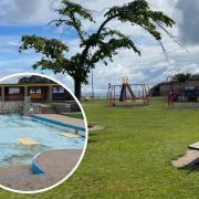 Inset, Rhos on Sea paddling pool and main image - green near to the paddling pool