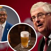 Former first minister Mark Drakeford and inset - Vaughan Gething, new first minister for Wales, and a beer