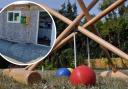 The current small clubhouse and main picture, generic photo of croquet mallets and balls