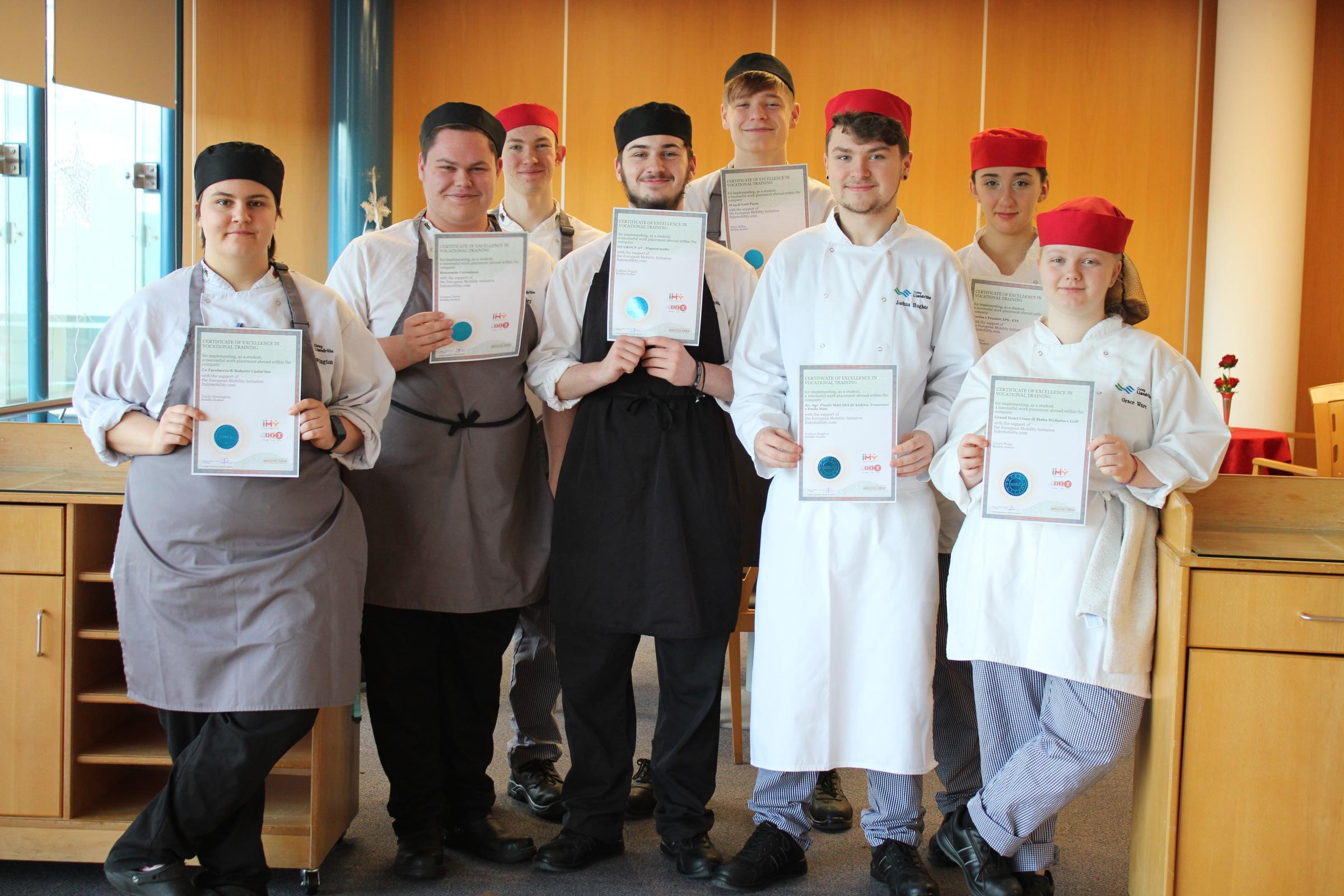 Coleg Llandrillo students with their certificates after completing work experience placements in Tuscany, Italy.