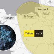 A Met Office map showing the area affected by the ice warning (Met Office) and, inset, ice (Canva)