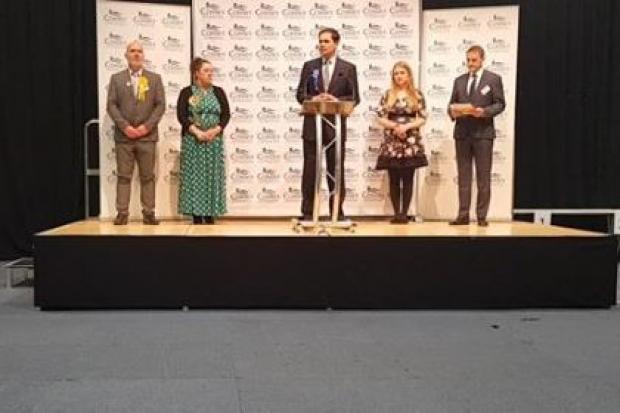 Robibn Millar gives his acceptance speech. Also picture are Liberal Democrat Jason Edwardsa and Lisa Goodier of Plaid Cymru to his left, and Emily Owen of Welsh Labour to his right.