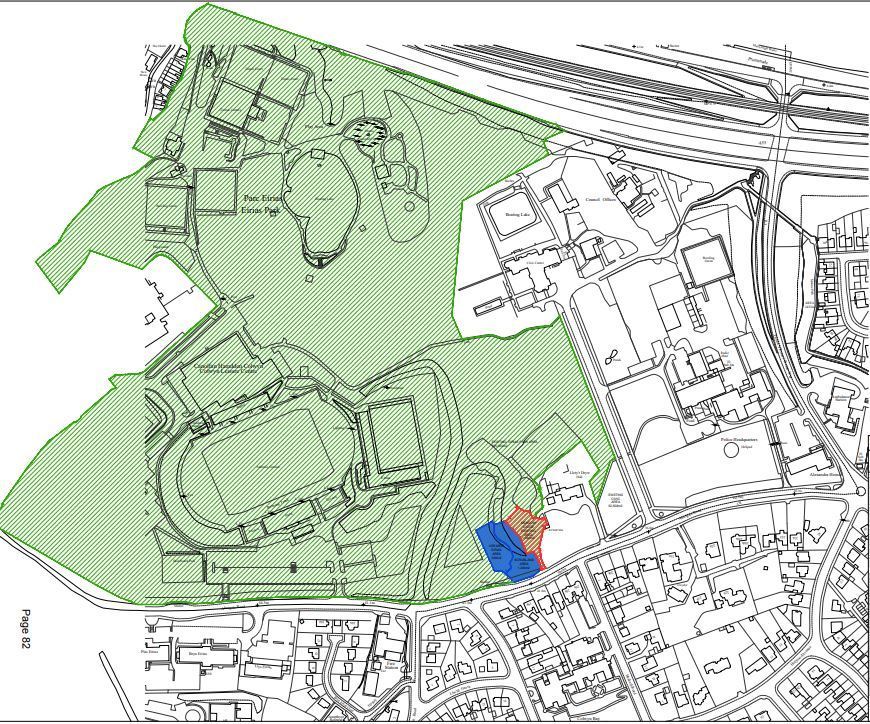 The land in Eirias Park that is being appropriated, shaded in in blue Pic: Dewis Architecture ( within public documents - clear for use by all partners)