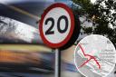 Library image of a 20mph sign. Inset: Area by Llandudno Junction that have been marked exempt.