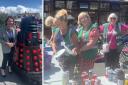 Janet Finch-Saunders with a Dalek and (right) volunteers at St David's Hospice Summer Fair.
