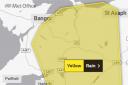 Met Office map of yellow weather warning in North Wales.