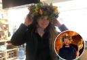 Kate Jordan trying on the crown she made! And (inset) winner of I'm A Celeb 2021 Danny Miller wearing the crown Kate had created.