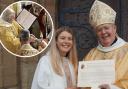New priest Grace Lomas with The Bishop of St Asaph, The Rt Revd Gregory Cameron and inset, during the special service.