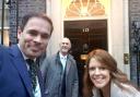 Aberconwy MP Robin Millar with Skills Champions Andrew Bowden and Katie Clubb outside 10 Downing Street.
