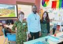 (L-R) Rachel Evans (Museums Officer), Mfikela Jean Samuel (Artist), Aimee Jones (Ysgol Bryn Elian) at a workshop for pupils from Ysgol Bryn Elian