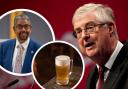 Former first minister Mark Drakeford and inset - Vaughan Gething, new first minister for Wales, and a beer