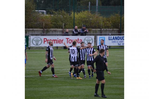 Llandudno players celebrate during the 3-0 win over Buckley on Saturday. Picture: Llandudno FC/Facebook