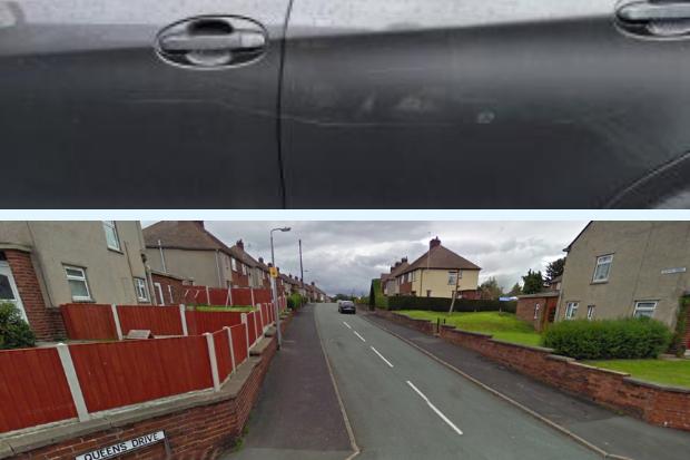 Queens Drive in Buckley (Google map) and the damage done to Jacqui Lloyd-Jones' car.