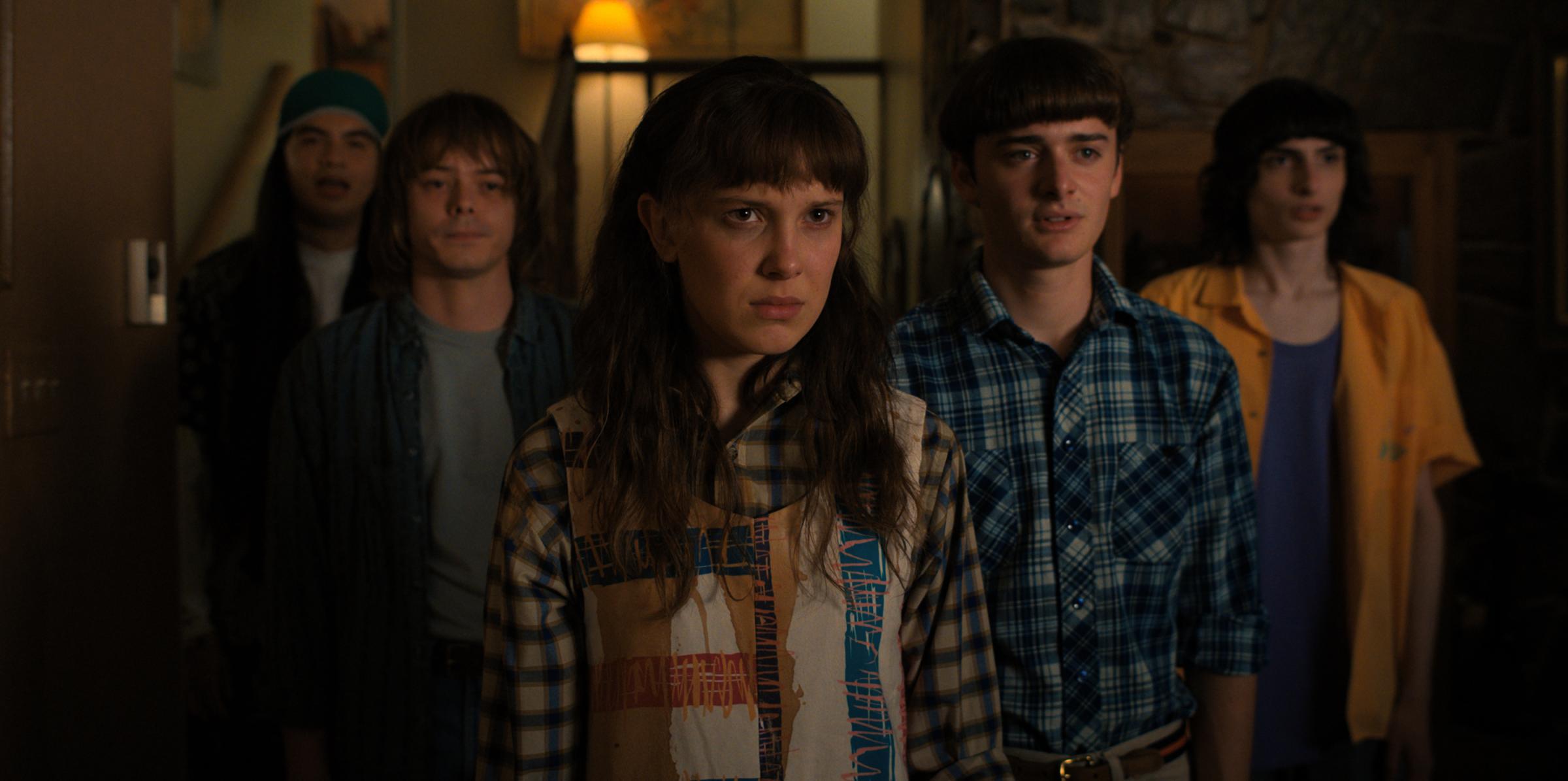 Still undated TV releases of Stranger Things - Season 4 Volume 1. Pictured: Eduardo Franco as Argyle, Charlie Heaton as Jonathan, Millie Bobby Brown as Eleven, Noah Schnapp as Will Byers, Finn Wolfhard as Mike Wheeler.  PA SHOWBIZ DOWNLOAD