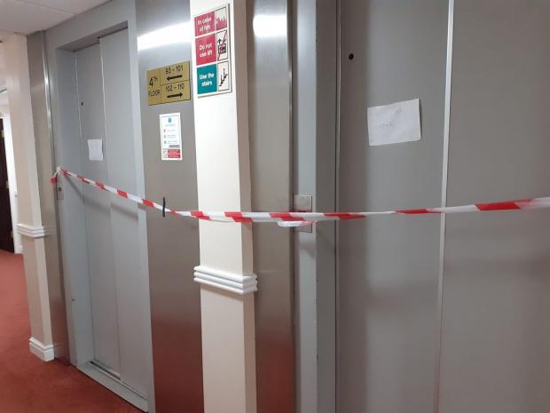 North Wales Pioneer: Out-of-order lifts at Princess Court. Photo: Grace Kirk