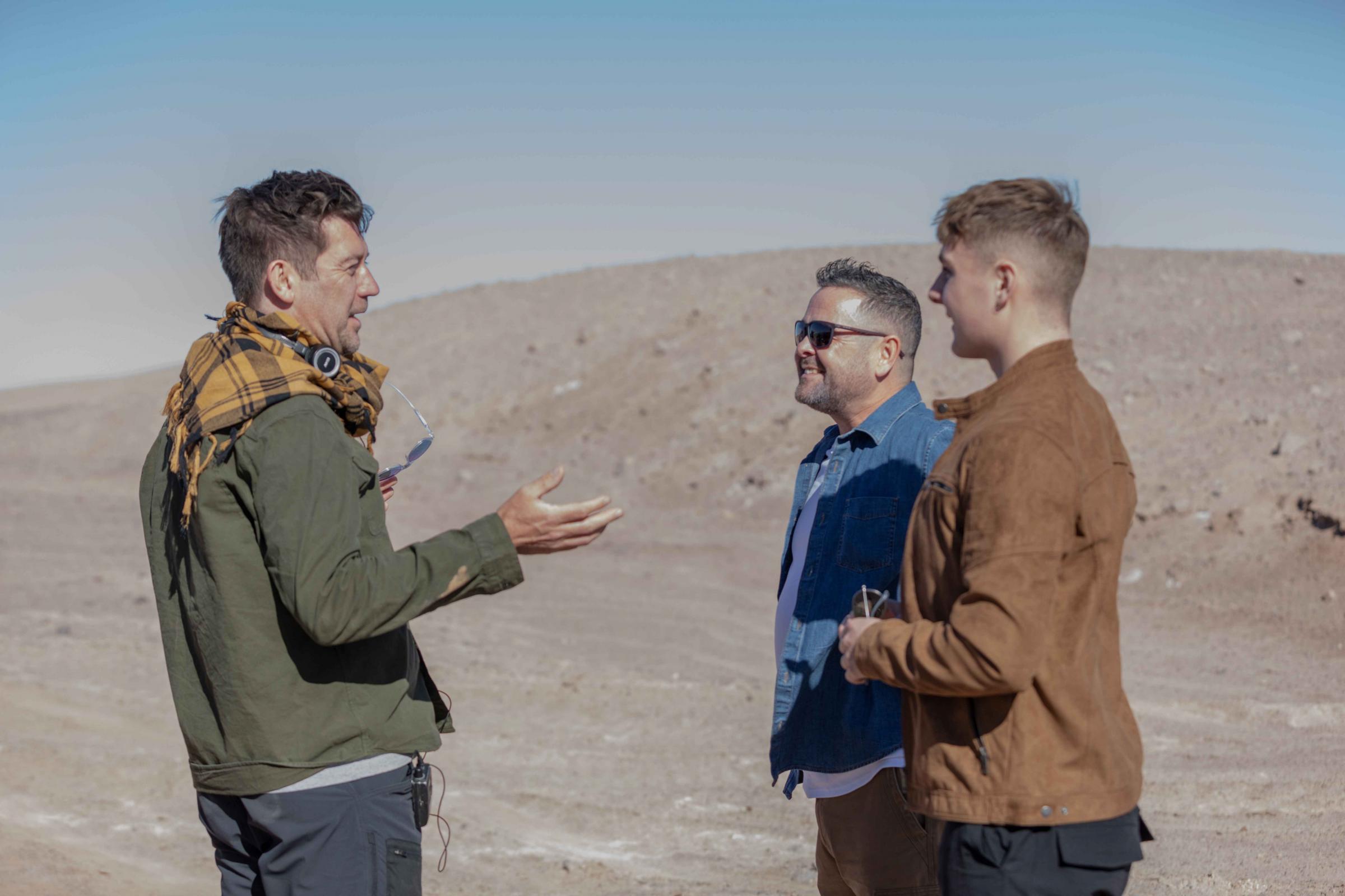 Julian Jones with father and son, Sam and James ONeill, in the Atacama desert in Chile.