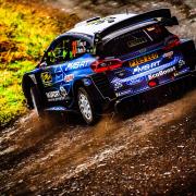 The FIW World Rally Championship stage, which passes through woodland in Aberhirnant near Bala, has been stopped. Picture: Wales Rally GB