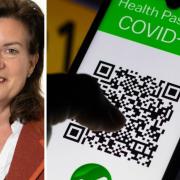 Health Minister Eluned Morgan MS and (right) a Covid Vaccine Passport