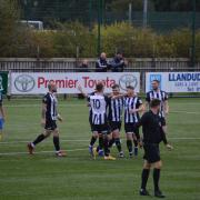 Llandudno players celebrate during the 3-0 win over Buckley on Saturday. Picture: Llandudno FC/Facebook