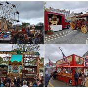 (Clockwise from top left) Rides at the bottom of mostyn street, an orchestrophonie next to one of the vehicles from the Tansport Festival, the Geat British Fudge Company bus, Dorman's Electric Yachts ride.