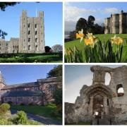 Clockwise from top left: Penrhyn Castle in Bangor, Plas Newydd on Anglesey, Denbigh Castle, and All Saints Church in Deganwy, all Cadw open sites this month.
