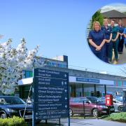 Glan Clwyd Hospital and inset, some of BCUHB’s South Denbighshire Community Resource Team (CRT), based at Denbigh Infirmary, who were looking for new recruits. (Image: BCUHB)
