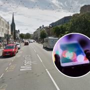 Mostyn Street, Llandudno. Photo: GoogleMaps. Inset: Library picture of a mobile phone. Photo: Pixabay