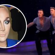 Inset, The Vivenne shares that she popped her shoulder out and main image, Drag queen The Vivienne performs with partner Colin Grafton. Pictures: Twitter @THEVIVIENNEUK / Dancing on Ice