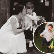 Sally on her wedding day with her little boy Ethan and Ethan's long-neck Brachiosaurus toy and inset, an excited Ethan with his treasured dinosaur! Photo: Sharon White, The Little Weddings photographer.com