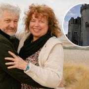 Jill and Nick during their engagement shoot and inset, Gwrych Castle.