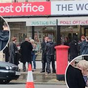 Julie Hesmondhalgh (inset) was spotted outside and Toby Jones (also inset) inside behind the counter. Main picture - cast including Julie Hesmondhalgh outside the re-created Post Office in Craig y Don