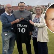 Craig's parents - Kelvin and Margaret Roberts, with a memorial shirt. And inset, Craig Roberts