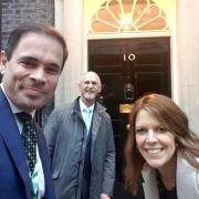Aberconwy MP Robin Millar with Skills Champions Andrew Bowden and Katie Clubb outside 10 Downing Street.