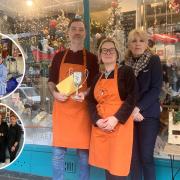 Staff from Dudley and George's General Store with their trophy for their Christmas display. Inset: Llandudno Mayor Greg Robbins and Miss Alice and staff from the White Tower Greek Restaurant celebrate their runner up prize with Francis Davies.