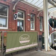 Porter's Cafe at Llandudno Junction railway station. Inset: Cafe staff and the inside of the cafe.