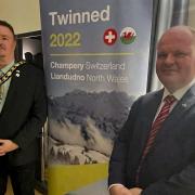Mayor of Llandudno, Councilor Greg Robbins, with Zachary Fournier, General Director of the Palladium sports and cultural centre in Champéry.