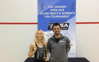 Emily Whitlock (left) after winning the CAC Squash Open in Atlanta in 2018